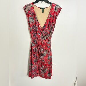 Lauren Ralph Lauren women's coral paisley faux wrap stretch jersey dress